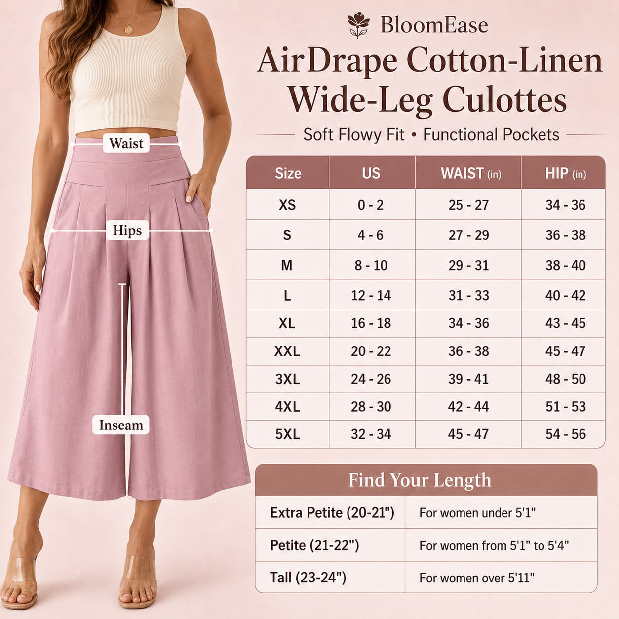 BloomEase™ AirDrape Cotton-Linen Wide-Leg Culottes