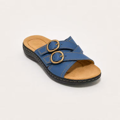 Women's Adjustable Double Buckle Leather Slides