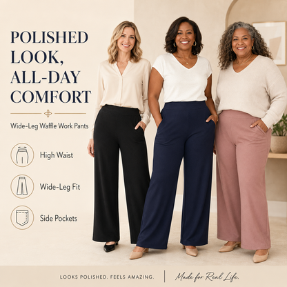 Vellora -  High Waisted Side Pocket Wide Leg Waffle Work Pants