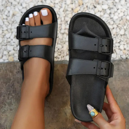 🔥 Womens Fashionable Double Buckle Slides - Versatile Solid Colors for Summer - Comfortable Indoor & Outdoor Beach Shoes